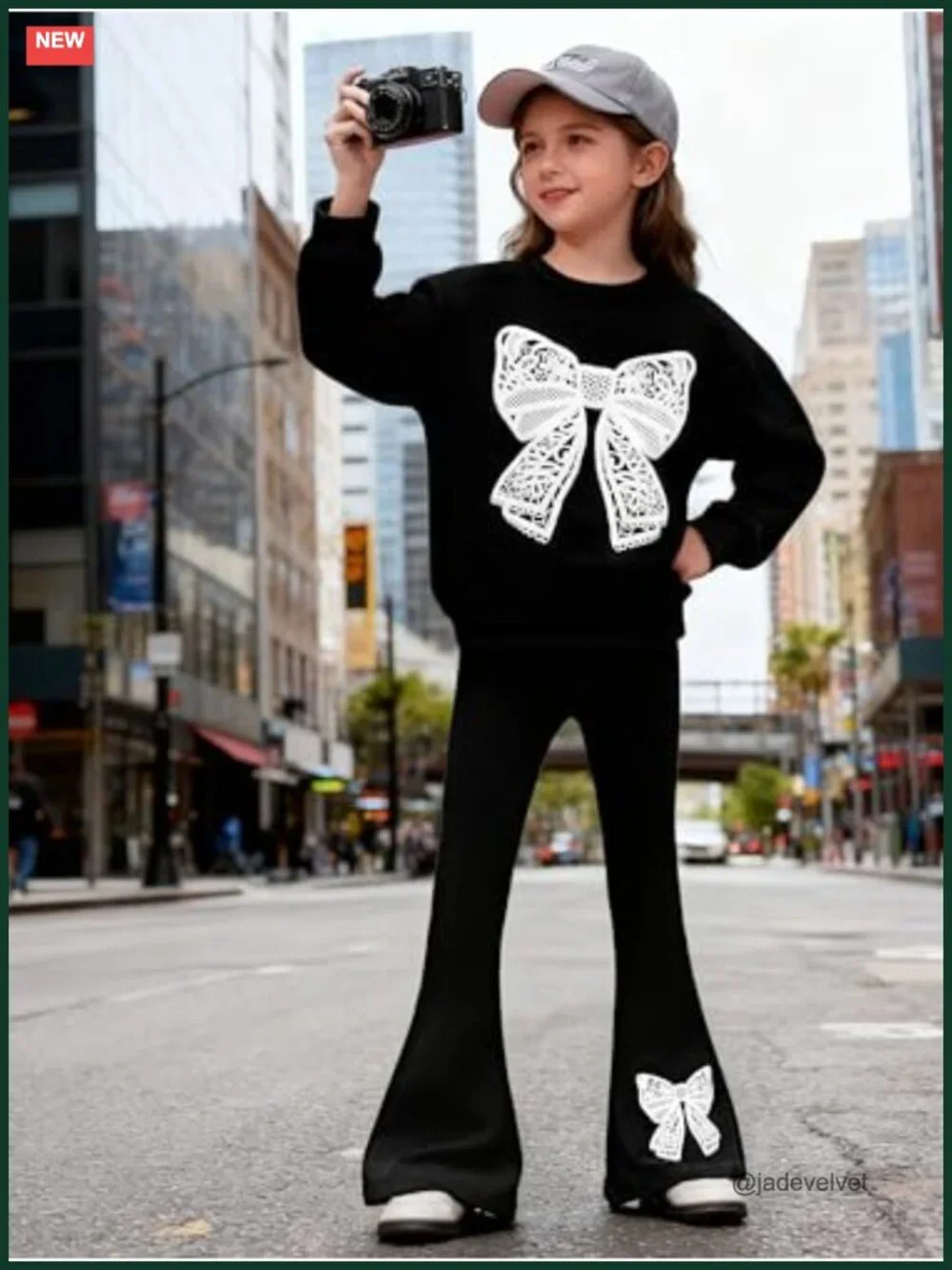Girls Long Sleeve Lace Bow Print Sweatshirt Flared Pants 2PCS Set Size 6-14